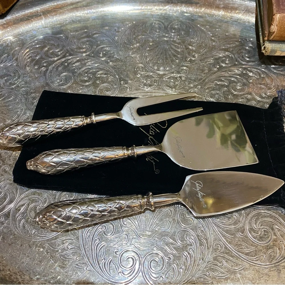 Vintage Julia Knight 3 Piece Cheese Serving Set Silver Florentine Charcuterie